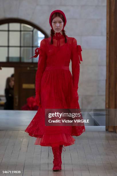 Model walks the runway during the Bora Aksu Ready to Wear Fall/Winter 2023-2024 fashion show as part of the London Fashion Week on February 17, 2023...