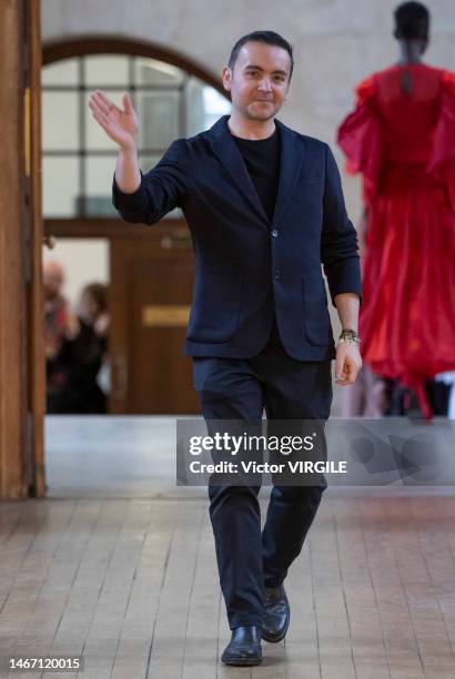 Fashion designer Bora Aksu walks the runway during the Bora Aksu Ready to Wear Fall/Winter 2023-2024 fashion show as part of the London Fashion Week...