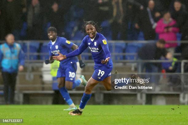Romaine Sawyers of Cardiff City FC celebrates after scoring their first side goal during the Sky Bet Championship between Cardiff City and Reading at...