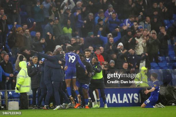 Romaine Sawyers of Cardiff City FC celebrates after scoring their first side goal during the Sky Bet Championship between Cardiff City and Reading at...