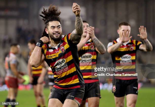 Tim Lafia of Salford Red Devils celebrates following their sides victory after the Betfred Super League Match between Leigh Leopards and Salford Red...