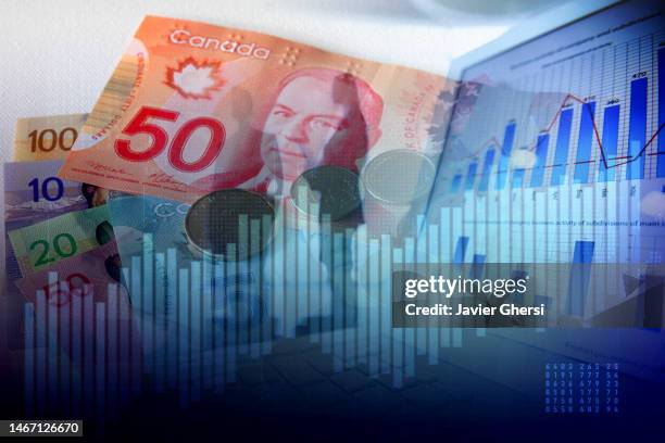 canadian dollar cash bills and stock market indicators - canadian dollars fotografías e imágenes de stock