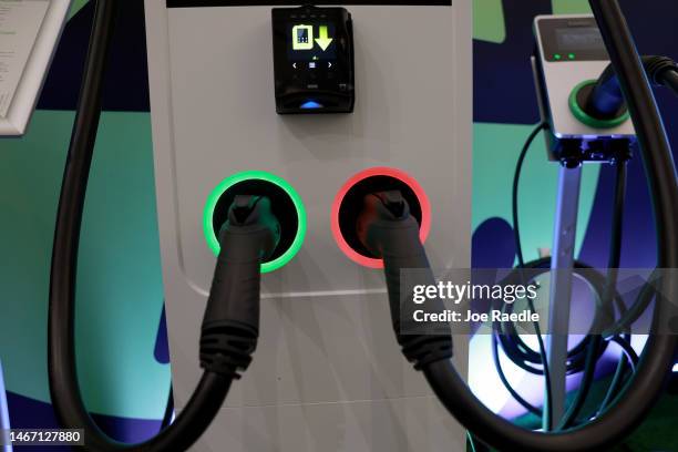 The Evectrifi electric vehicle charging station on display at the Discover Boating Miami International Boat Show on February 17, 2023 in Miami,...