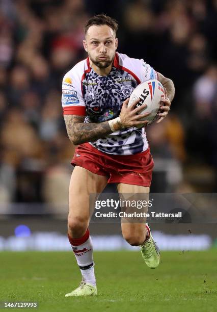 Gareth O'Brien of Leigh Leopards runs with the ball during the Betfred Super League Match between Leigh Leopards and Salford Red Devils at Leigh...