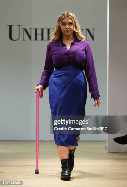 Model walks the runway at the Unhidden: A New Era in Fashion show during London Fashion Week February 2023 on February 17, 2023 in London, England.