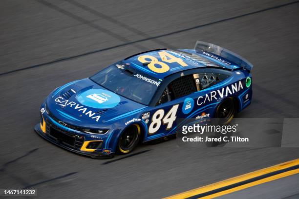 Jimmie Johnson, driver of the Carvana Chevrolet, drives during practice for the NASCAR Cup Series 65th Annual Daytona 500 at Daytona International...