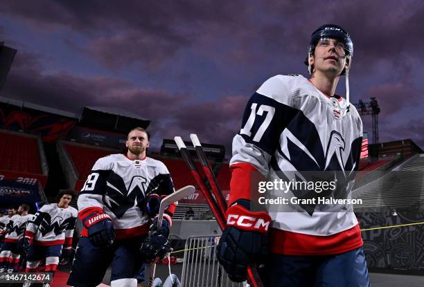 Dylan Strome of the Washington Capitals walks out to the ice before a practice session in advance of the 2023 Navy Federal Credit Union NHL Stadium...