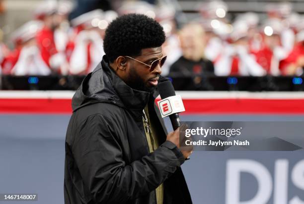 Analyst/sportscaster P.K. Subban covers the Carolina Hurricanes practice at Carter-Finley Stadium on February 17, 2023 in Raleigh, North Carolina.