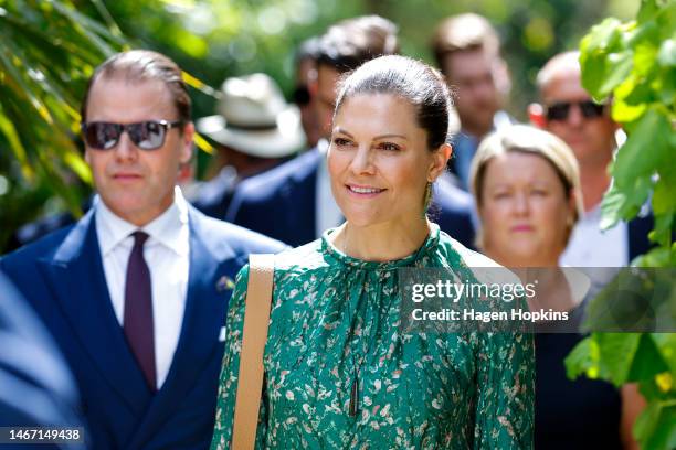 Prince Daniel and Crown Princess Victoria of Sweden look on during a visit to Hamilton Gardens on February 18, 2023 in Hamilton, New Zealand. Her...