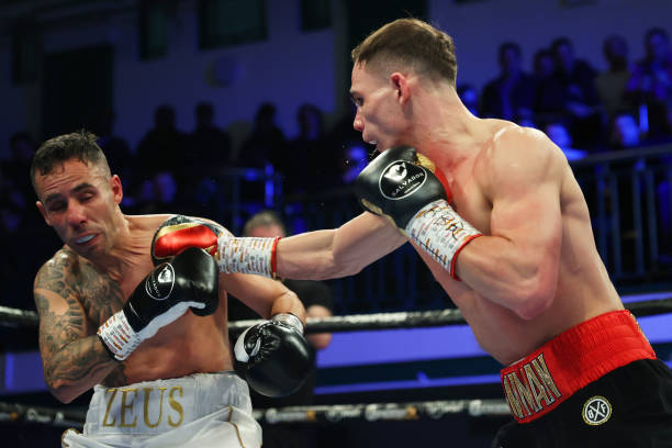 Henry Turner punches Zeus de Armas during the WBC International Silver Super Lightweight fight between Henry Turner and Zeus de Armas at York Hall on...
