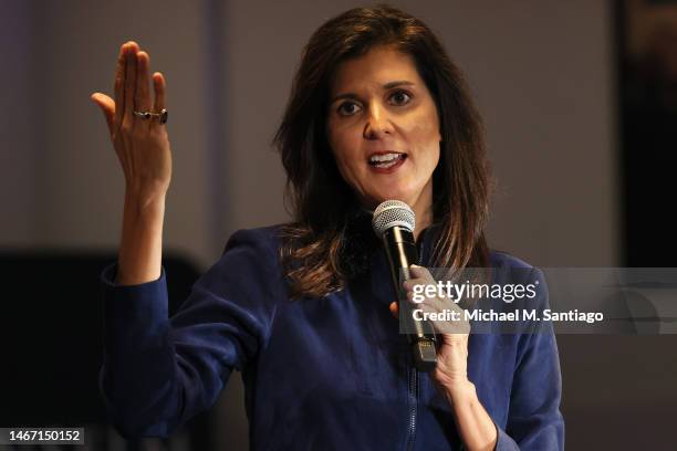 Republican presidential candidate Nikki Haley speaks during a campaign event in the New Hampshire Institute of Politics at Saint Anselm College on...