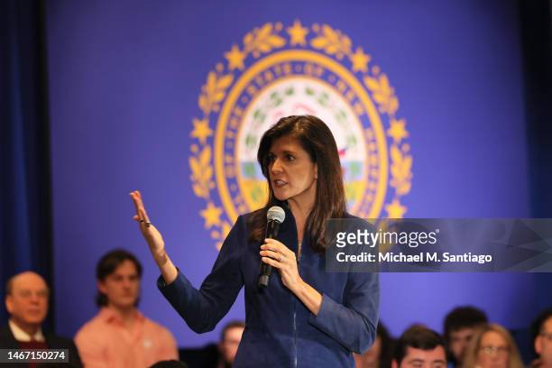 Republican presidential candidate Nikki Haley speaks during a campaign event in the New Hampshire Institute of Politics at Saint Anselm College on...