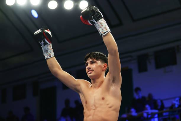 Royston Barney-Smith celebrates victory after the Lightweight fight between Royston Barney-Smth and Lesther Lara at York Hall on February 17, 2023 in...