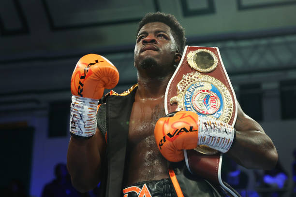 David Adeleye celebrates victory after the WBO European Heavyweight Title fight between David Adeleye and Dmytro Bezus at York Hall on February 17,...