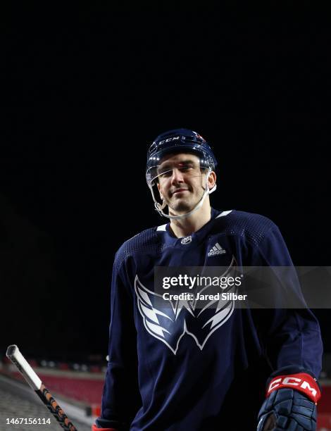 Trevor van Riemsdyk of the Washington Capitals walks back to the locker room after practice at Carter-Finley Stadium on February 17, 2023 in Raleigh,...