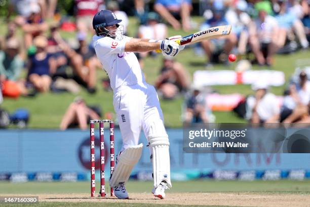 Joe Root of England bats during day three of the First Test match in the series between New Zealand and England at Bay Oval on February 18, 2023 in...