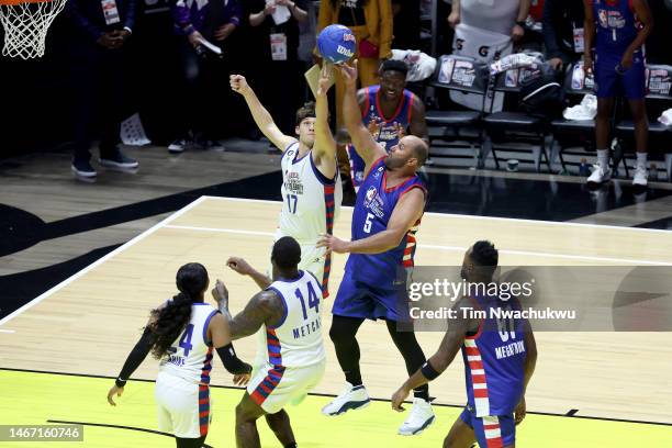 Baseball player Albert Pujols of Team Ryan shoots a layup against content creator Jesser of Team Dwayne during the second quarter in the 2023 NBA All...