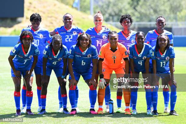 Haiti pose for a team photo during the 2023 FIFA Women's World Cup Play Off Tournament match between Senegal and Haiti at North Harbour Stadium on...