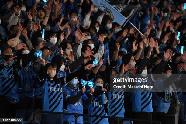 Supporters of Kawasaki Frontale cheer prior to the J.LEAGUE Meiji Yasuda J1 1st Sec. Match between Kawasaki Frontale and Yokohama F･Marinos at...
