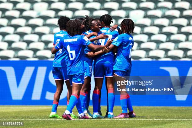 Kethna Louis of Haiti celebrates with teammates after scoring a goal during the 2023 FIFA Women's World Cup Play Off Tournament match between Senegal...