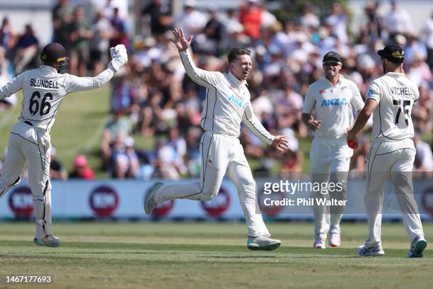 Michael Bracewell of New Zealand celebrates his wicket of Joe Root of England during day three of the First Test match in the series between New...