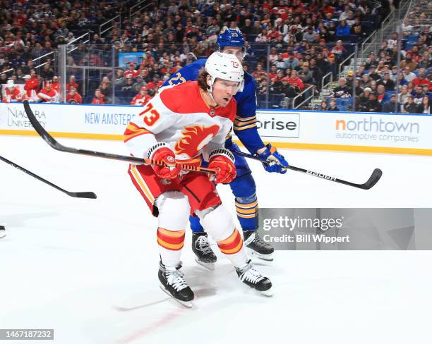 Tyler Toffoli of the Calgary Flames skates against the Buffalo Sabres during an NHL game on February 11, 2023 at KeyBank Center in Buffalo, New York.