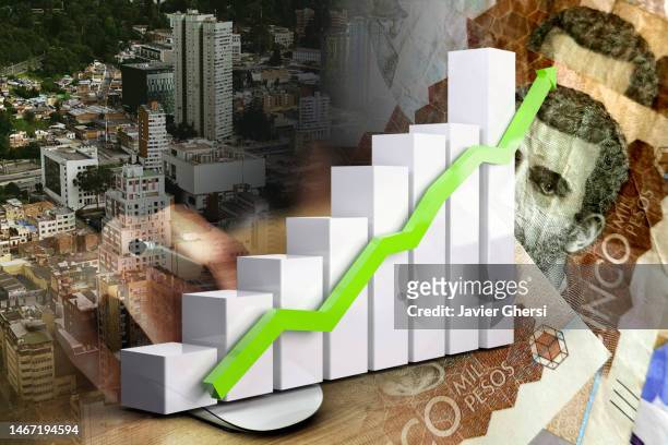 economy graph: up arrow, colombian peso bills in cash, bogota city and hand with mouse - produit intérieur brut photos et images de collection