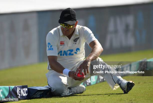 Neil Wagner of New Zealand catches the ball hit by Ben Stokes of England but as Wagner landed on the cushion it was a six during day three of the...