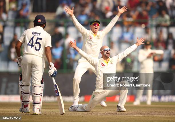 Nathan Lyon of Australia appeals unsuccessfully for the wicket of Cheteshwar Pujara of India during day two of the Second Test match in the series...