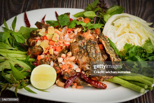 fried fish with salad dressing, thai food - channidi foto e immagini stock