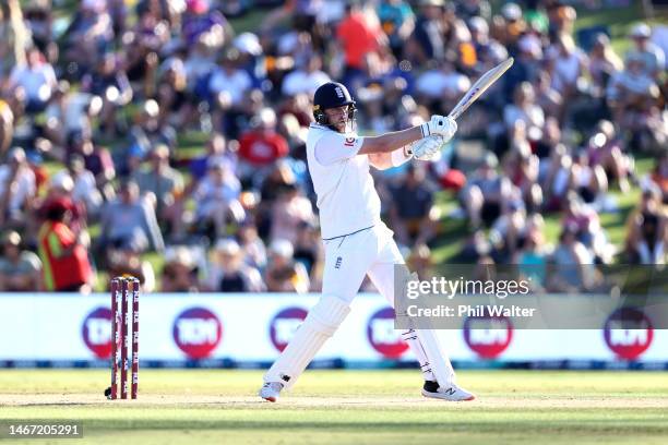 Ollie Robinson of England bats during day three of the First Test match in the series between New Zealand and England at Bay Oval on February 18,...