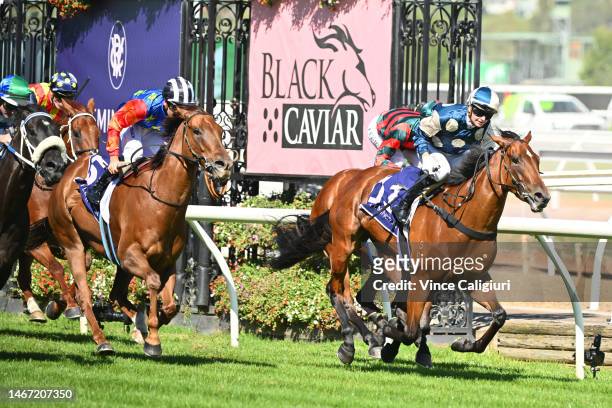 Jamie kah riding Coolangatta winning race 7, the Black Caviar Lightning, during Melbourne Racing at Flemington Racecourse on February 18, 2023 in...