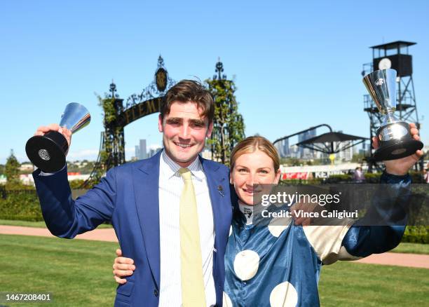 Jamie Kah poses with trainer David Eustace after riding Coolangatta to win race 7, the Black Caviar Lightning, during Melbourne Racing at Flemington...