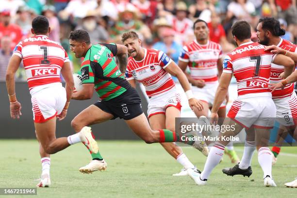 Latrell Mitchell of the Rabbitohs breaks away to score a try during the warm-up before the NRL Trial and Charity Shield match between St George...