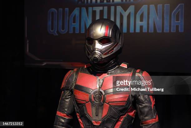 An Ant-Man costume on display at the Nerdist fan event for Marvel Studios' "Ant-Man And The Wasp: Quantumania" at El Capitan Theatre on February 17,...
