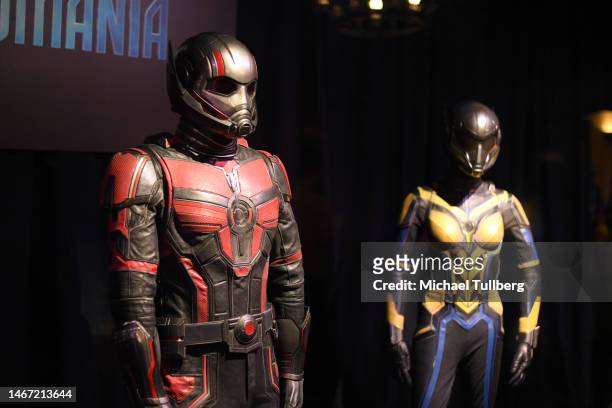 Original movie costumes on display at the Nerdist fan event for Marvel Studios' "Ant-Man And The Wasp: Quantumania" at El Capitan Theatre on February...