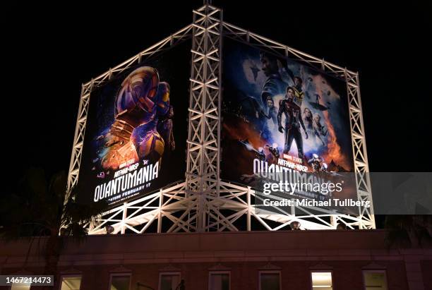 General view of the billboard above Hollywood Boulevard at the Nerdist fan event for Marvel Studios' "Ant-Man And The Wasp: Quantumania" at El...