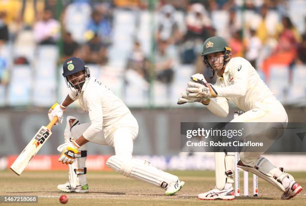 Ravindra Jadeja of India bats during day two of the Second Test match in the series between India and Australia at Arun Jaitley Stadium on February...