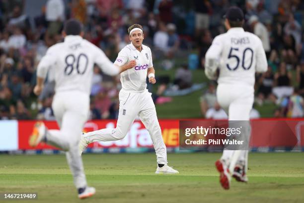 Stuart Broad of England celebrates bowling Kane Williamson of New Zealand during day three of the First Test match in the series between New Zealand...