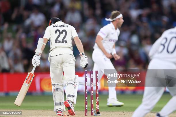 Kane Williamson of New Zealand, bowled by Stuart Broad of England during day three of the First Test match in the series between New Zealand and...