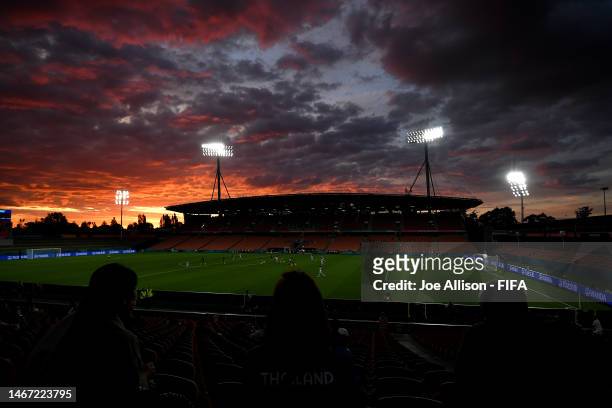 General view is seen as the sun sets during the 2023 FIFA Women's World Cup Play Off Tournament match between Cameroon and Thailand at Waikato...
