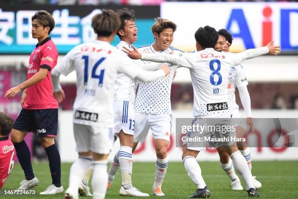 Kaito Taniguchi of Albirex Niigata celebrates the first goal during the J.LEAGUE Meiji Yasuda J1 1st Sec. Match between Cerezo Osaka and Albirex...