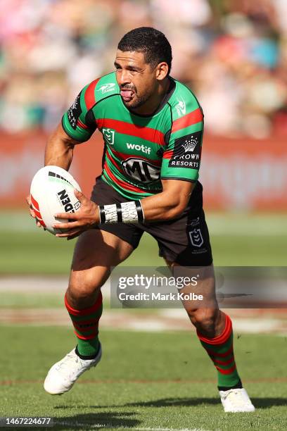 Cody Walker of the Rabbitohs runs the ball during the warm-up before the NRL Trial and Charity Shield match between St George Illawarra Dragons and...