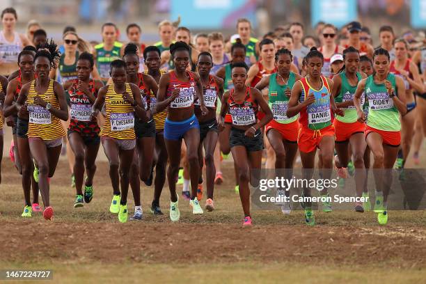 Athletes compete in the Women's Senior race during the 2023 World Cross Country Championships at Mount Panorama on February 18, 2023 in Bathurst,...