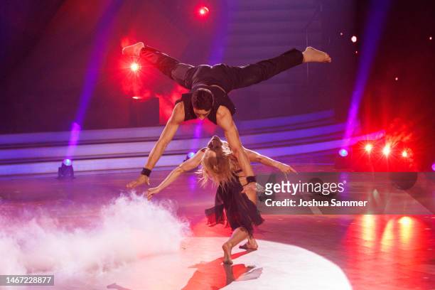 Rene Casselly and Kathrin Menzinger attend the "Let's Dance - Wer Tanzt Mit Wem? Die Grosse Kennenlernshow" at MMC Studios on February 17, 2023 in...