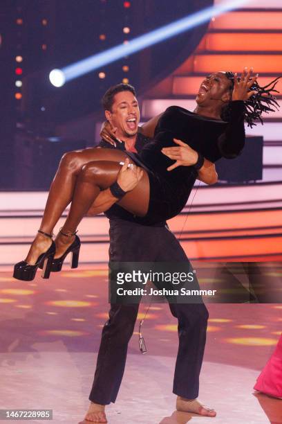 Rene Casselly and Motsi Mabuse attend the "Let's Dance - Wer Tanzt Mit Wem? Die Grosse Kennenlernshow" at MMC Studios on February 17, 2023 in...