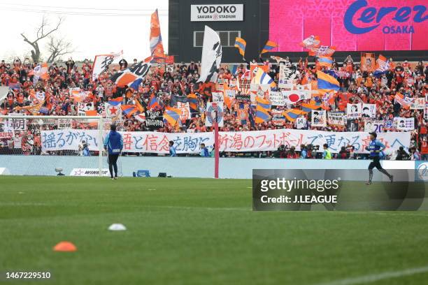 Albirex Niigata supporters cheer prior to during the J.LEAGUE Meiji Yasuda J1 1st Sec. Match between Cerezo Osaka and Albirex Niigata at YODOKO...