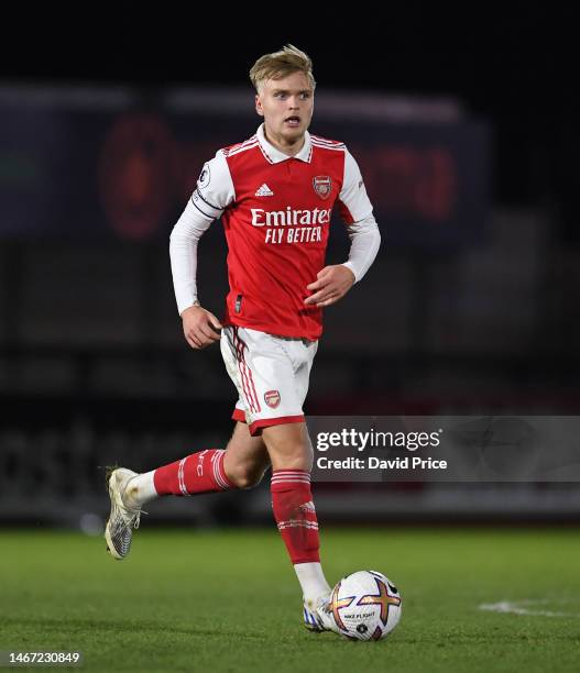 Matt Smith of Arsenal during the PL2 match between Arsenal U21 and West Ham United U21 at Meadow Park on February 17, 2023 in Borehamwood, England.