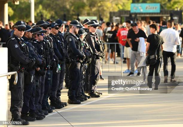 Police patrol outside AAMI Park during the round 17 A-League Men's match between Melbourne Victory and Melbourne City at AAMI Park, on February 18 in...