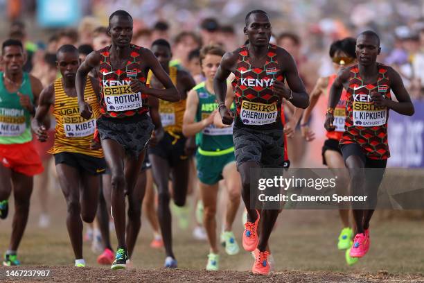 Athletes compete in the Men's U20s race during the 2023 World Cross Country Championships at Mount Panorama on February 18, 2023 in Bathurst,...